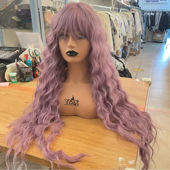 Accessories | Human Hair Blend Ash Purple Wig With Bang 